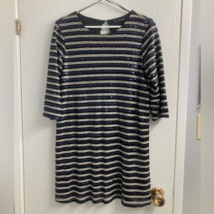 Navy blue and gold sequinned Zara dress.